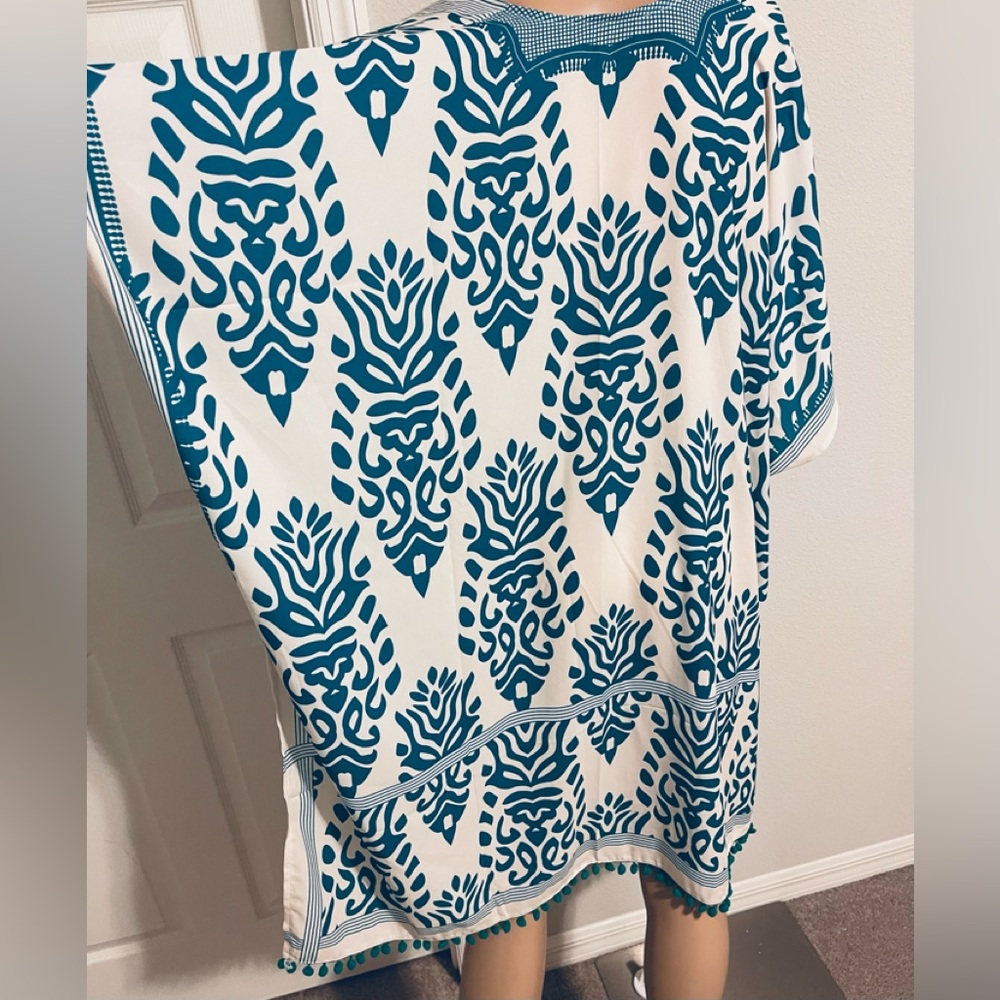 Teal White Polyester Kimono Cover Up with Pom Pom details